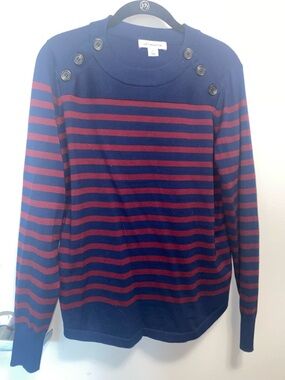 Liz Claiborne Navy and Burgundy Striped Button-Shoulder Sweater